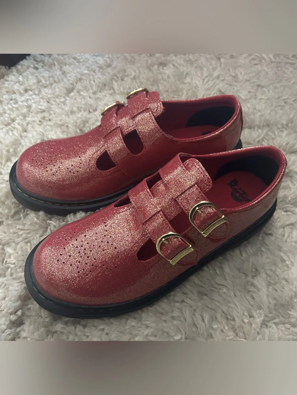 Dr. Martens Women’s 8065 Mary Jane Double Buckle Shoes in Fuchsia Glitter Finish